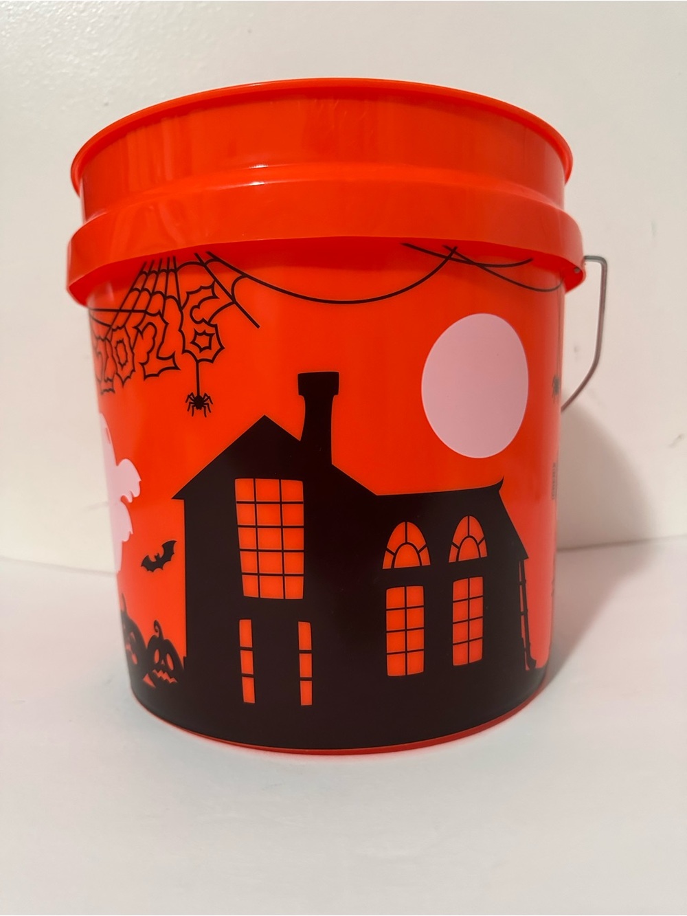 Orange Halloween Candy Bucket with Haunted House Design